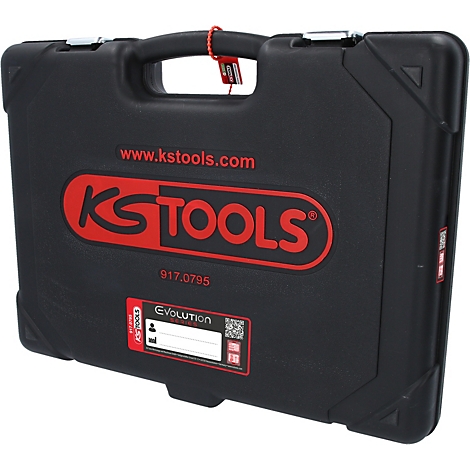 Boîte à outils noire avec logo KS TOOLS rouge et écriture. Poignée sur le dessus.